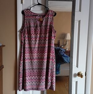 Tacera 1X Pink Black White Chevron Sleeveless Dress Keyhole Neck Metallic Accent